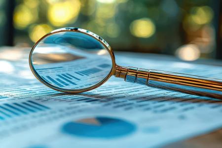 Magnifying glass and a stack of charts